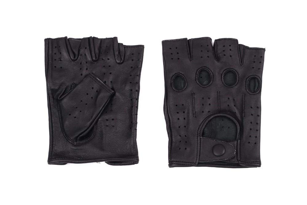LEATHER DRIVING GLOVES HALF FINGER KNUCKLE HOLES FOR MEN (Small, Black)