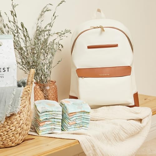 The Honest Company Uptown Canvas Backpack | Diaper Bag with Changing Pad | Cream-Colored Coated Canvas with Gold Hardware + Cognac Trim | PVC-Free Lining | 13 x 8 x 164