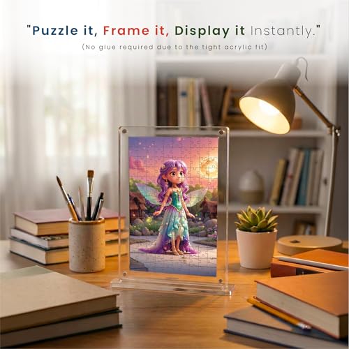 Image of Mini Leaves Unicorn & Angel Double Sided Acrylic Frame Jigsaw Puzzle 140 Pieces | Fantasy Desk Decor with UV Printed Frame | Premium Gift for Kids & Puzzle Lovers