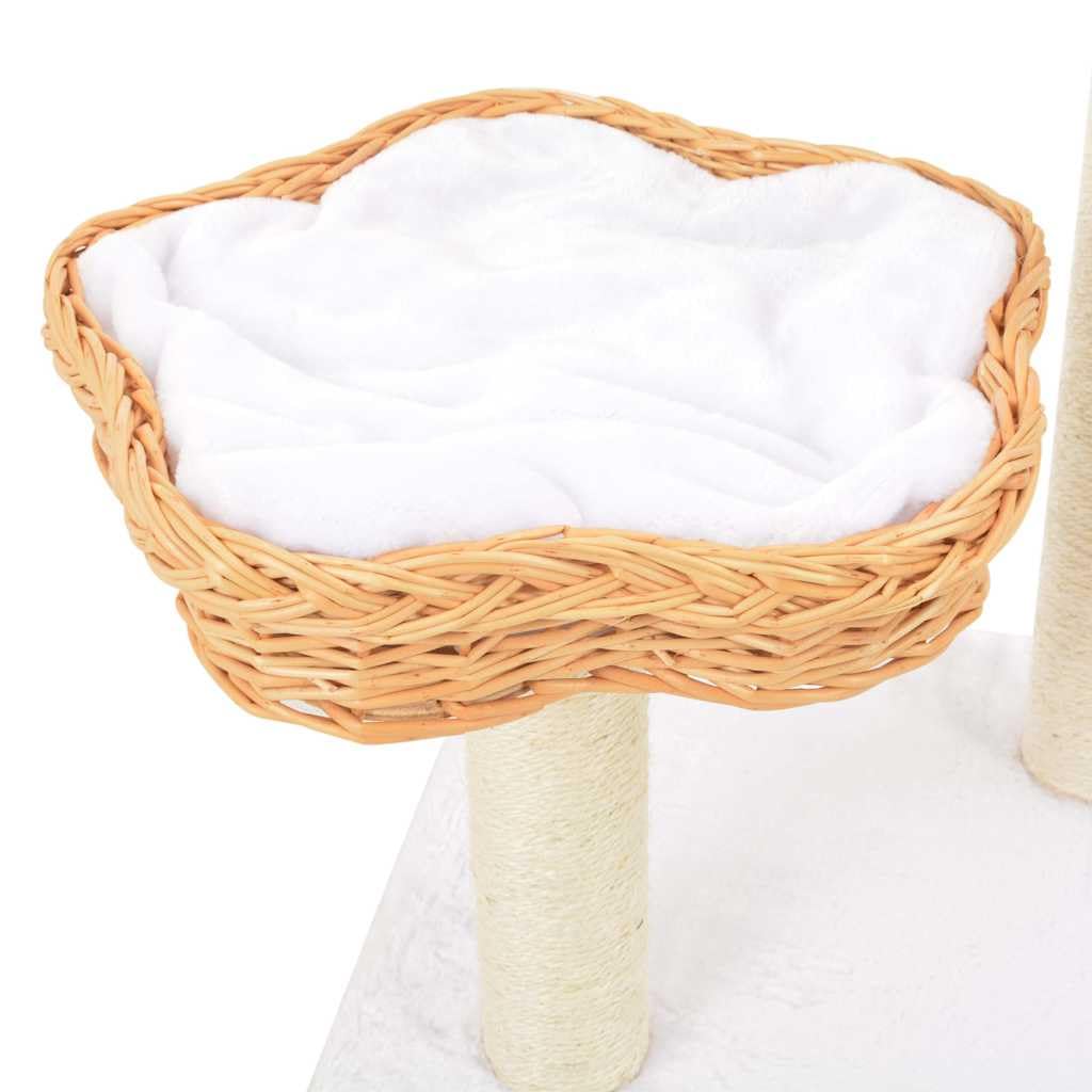 Albero per gatti realizzato a mano in legno naturale con corda in sisal, 2 cestini in vimini e cuscini rimovibili per affilare gli artigli, arrampicarsi e rilassarsi, design compatto