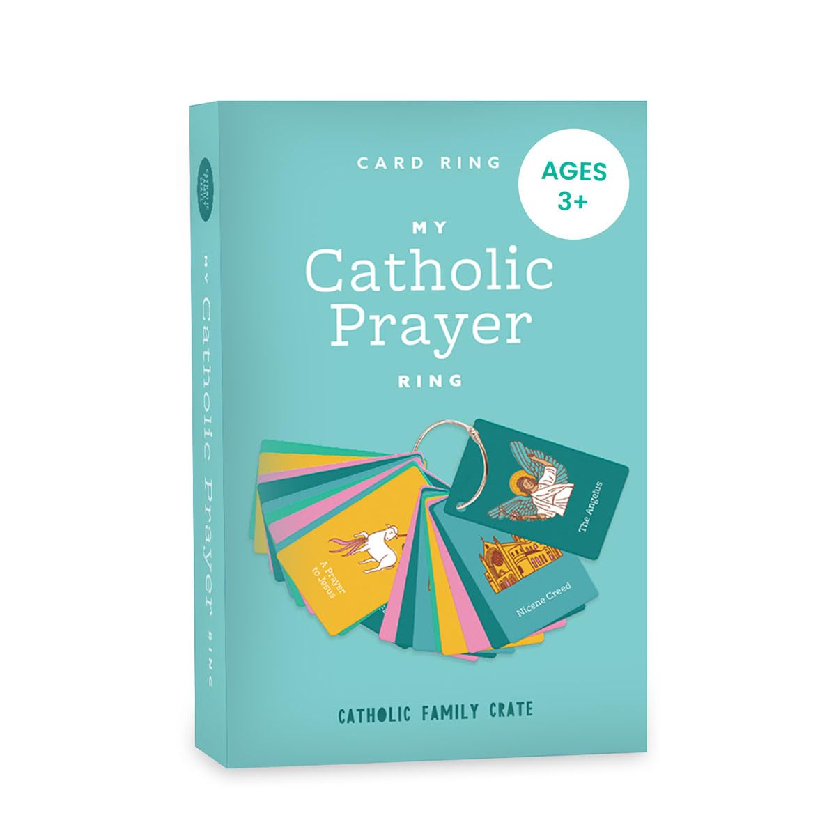 Catholic Family Crate My Prayer Ring Cards - 27 Brightly Illustrated Prayer Cards with 1.5" Metal Ring - 2.5" x 4" Rounded Corners Religious Cards - Ideal Teaching Gift for