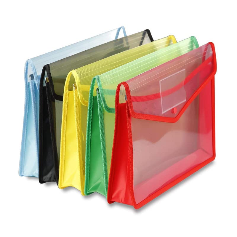 Image of Envelope Folder,Transparent Poly-Plastic A4 Documents File Storage Bag with Snap Button Certificate File Holder /Document Folder for Certificates A4 /Legal /Bag for Document (Pack of 5)