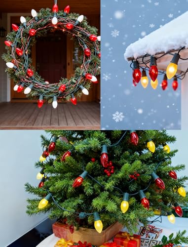 Image of C9 Red and White Christmas String Lights 25Ft C9 Outdoor Christmas Decorations Lights with 26 Red Frosted White Bulbs, Vintage Christmas Light Waterproof for Patio Roofline Party Holiday Garden