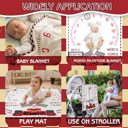 Image of Racing Car Baby Monthly Milestone Blanket for Boys Flannel Blanket Newborn Infant Swaddle Baby Growth Blanket Photography Background with Wooden Signs,Frames,Bib