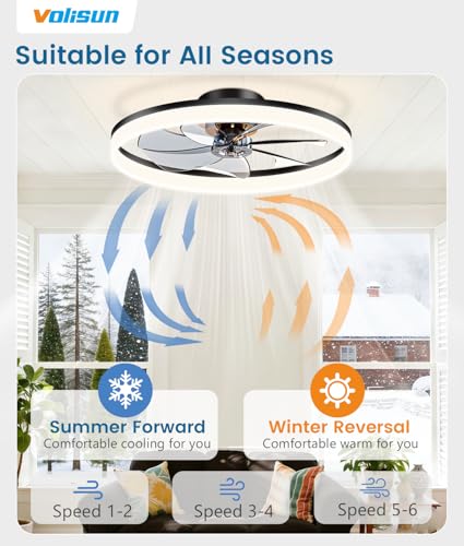 Image of VOLISUN Low Profile Ceiling Fans with Lights and Remote, 27.6in Fandelier Ceiling Fan Flush Mount, 3000K-6500K Smart Bladeless LED Fan Light, Black Modern Ceiling Fans with Lights for Bedroom
