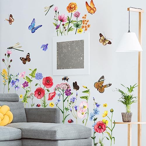 Timelesslong Large Flowers Wall Stickers for Living Room Bedroom Vinyl Dragonflies Wall Decals Removable Wildflower Wall Murals Peel and Stick Floral Wall Decor Art Wallpaper for Adult Room Office - Image 2