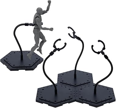 FINGERINSPIRE 4 Sets Adjustable Black Snake Arm Doll Stand Holder Hexagon Base for Action Figure Collectible Model Display Bendable Alloy Support Arm Durable Plastic Base for Waist 3cm Model Display