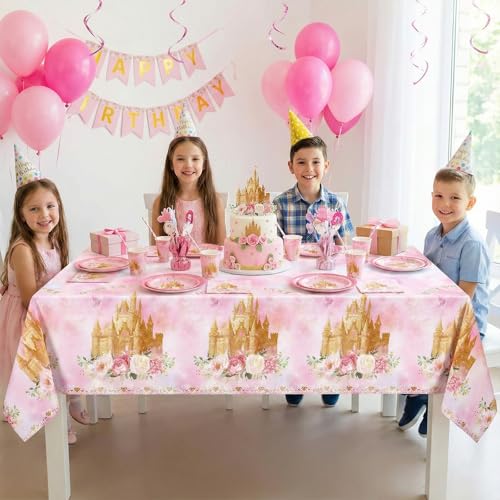 Image of 3 Pack Princess Tablecloths, 54 x 108 Inch Disposable Pink Rose Castle Themed Table Cloth Waterproof Pink Tablecloth Rectangle Birthday Party Table Cover for Girls Birthday Baby Shower Party Supplies