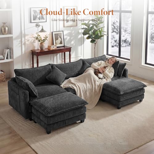 Image of Vesgantti 109 inch U Shaped Cloud Sectional Sofa, Comfy Corduroy Upholstered Sectional Modular Sofas for Living Room, Modern Modular Couch with 2 Ottoman Deep Seat, Dark Grey