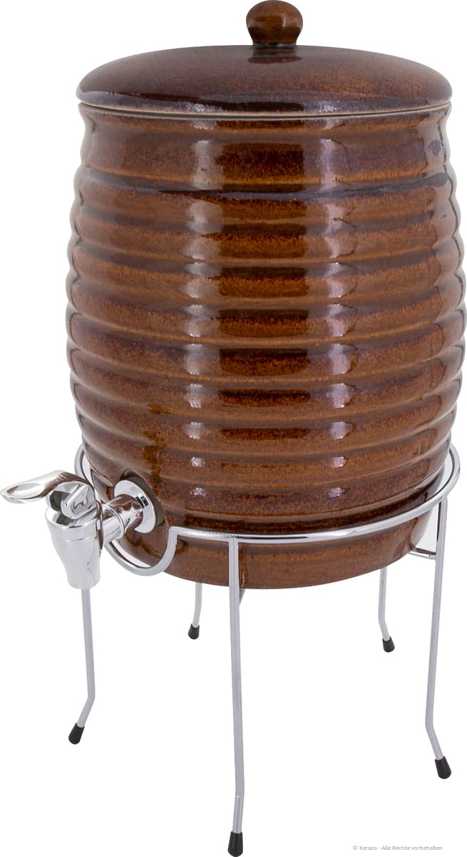 KERAZO Ceramic Drinks Dispenser, Barrel, Rum Pot, Vessel for Fermentation of Kombucha, Vinegar and Oil Including Tap and Pot Stand 6.0 Litres, Glossy Brown