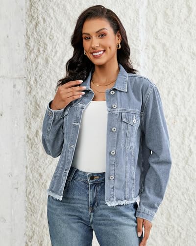 Vetinee Women's Distressed Frayed Hem Trucker Denim Jacket (Various) - image 3
