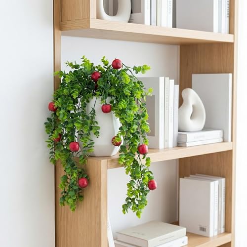 Image of Dekorly 2 Pack Artificial Plants Artificial Hanging Plants Faux Eucalyptus Leaf Greenery Fake Hanging Eucalyptus Plant (Green) (2, Cherry)