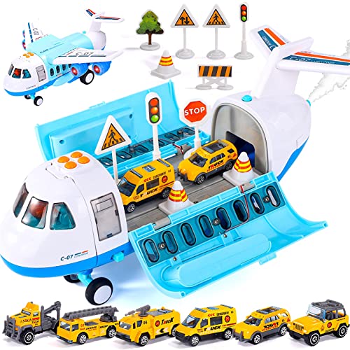 Airplane Toy with Smoke, Light & Sound, 16 Inches Big Transport Cargo Airplane Toy with 6 Construction Vehicle Trucks, Fricton Powered Airplane Toys Toddler Boy Toys for 3 4 5 6 Year Old