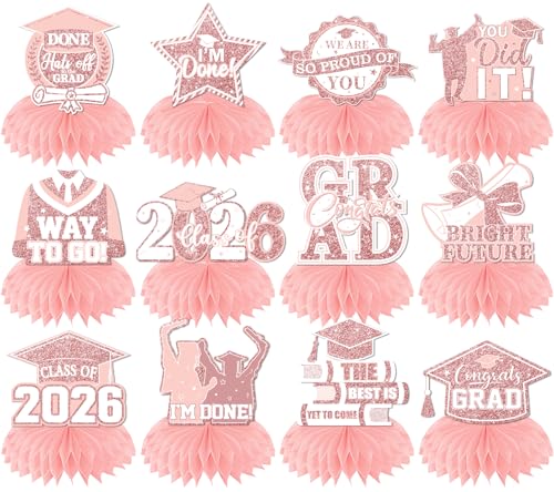 Image of 12pcs Graduation Table Decorations 2026,Pink Rose Gold Graduation Decorations Graduation Centerpieces for Tables Class of 2026 Centerpieces Honeycomb for 2026 Congrats Grad Table Decor (Pink)