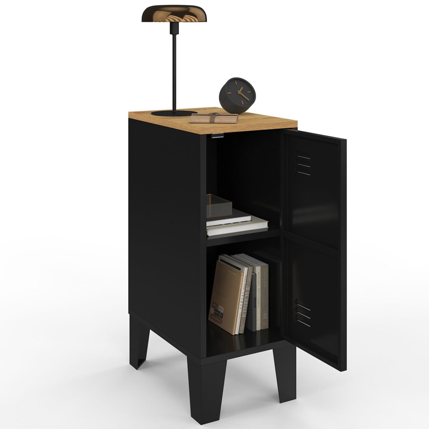 IDMarket - Lot de 2 Tables de Chevet étroites Ester 1 Porte métal Noir Plateau façon hêtre Design Industriel