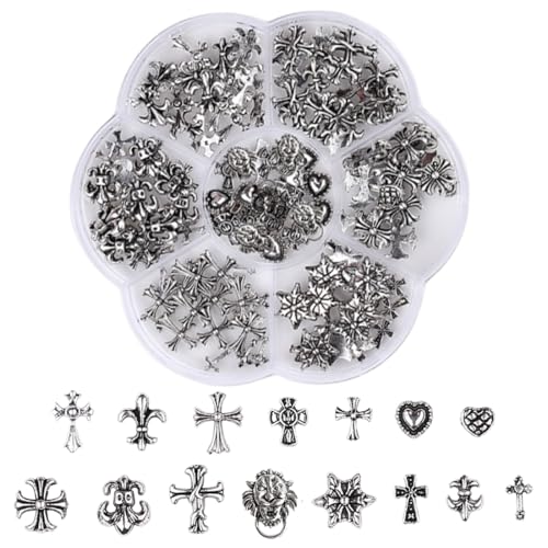 NHQZ Colgantes de uñas, colgantes en forma de cruz, de metal cromado, para nail art, con corazones y calaveras góticas, para manicura, decoraciones de uñas, 75 piezas