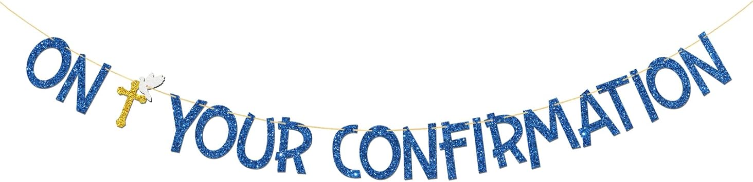On Your Confirmation Banner, Blue Glitter, First Holy Confirmation Bunting Banner, Bridal Shower, Wedding, Its My Baptism Christening Baptism Party Decoration Supplies