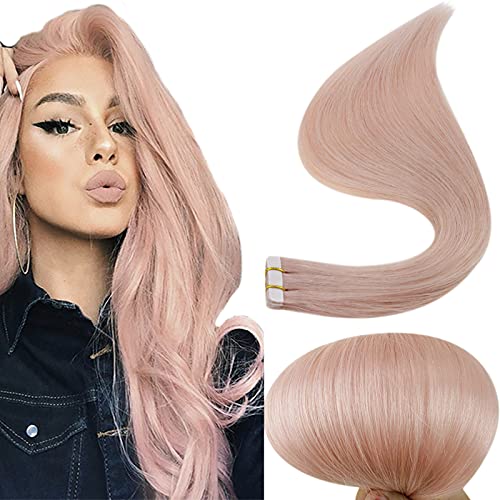 RUNATURE Pink Tape in Hair Extensions 20inch Colorful Hair Extensions 10 Pieces Tape in Extensions 25g Pink Hair Extensions for Party