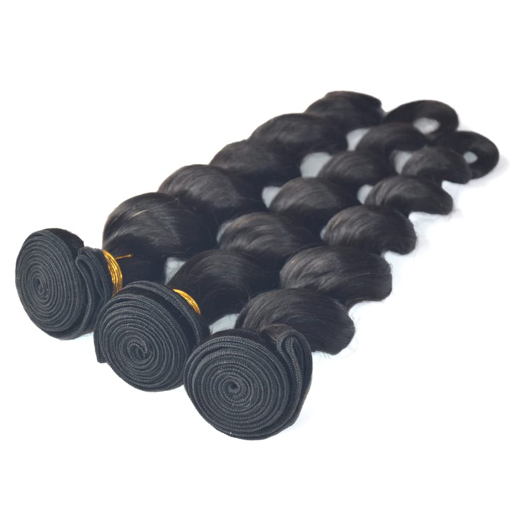 Virgin Peruvian Loose WaveVirgin Hair Human Hair Weave Extensions Wavy 3 Pieces 100g Curly Bundle 1B Black, 10.6 oz/pack (26 26 26 Inches)