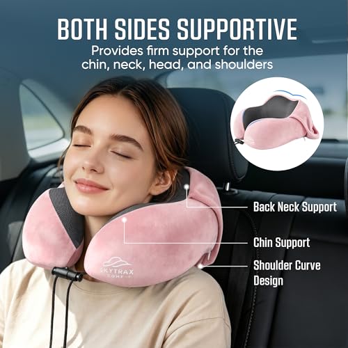 Image of SkytraxComf Travel Neck Pillow with Hood for Privacy on Long Flights | Memory Foam | Airplane Sleep | Safety-Tested Materials | Extra Large Hood | Chin Support | Earplugs | Washable Cover