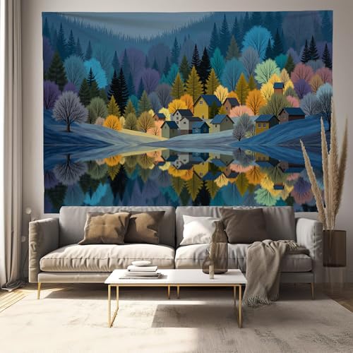 Tapisserie village du lac 200x150 cm en tissu bleu jaune pour décoration salon