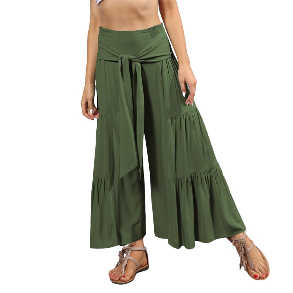 HOULENGS Womens Casual Elastic High Waist Trousers Wide Leg Cropped Palazzo Pants with Belt