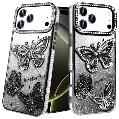 Image of VONZEE Electroplated Butterfly Case Compatible with iPhone 17 Pro, Pearlescent Diamond Sparkle Soft TPU Cover, Shockproof Drop Protection, Camera Lens Guard Stylish Phone Case for Women & Girl