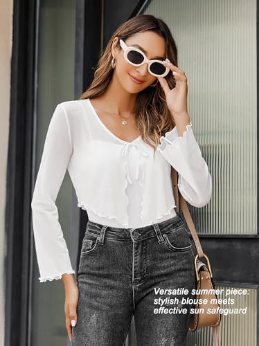 Image of Avidlove Womens Sheer Shrug Tie Front Long Bell Sleeve Mesh Bolero Lightweight Summer Casual Short Shawl Top