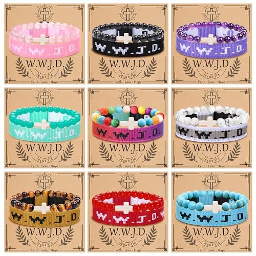 COLOYAN 18PCS WWJD Bracelets Cross Bracelet for Women Men Jesus Christian Religious Bracelet Cross Stone Beaded Bracelets