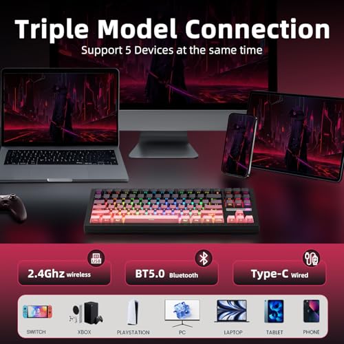 Image of ZORNHER ZH870 Wireless Mechanical Gaming Keyboard,80% Pink & Purple Custom Creamy Sound Keyboard with Shine Through PBT Keycaps,Pre-lubed Linear Switches,Hot-Swappable,RGB Backlit,2.4GHz /USB-C /BT5.0