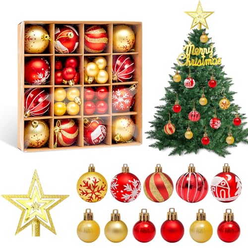 WUSUPU Juego de 44 Bolas de Navidad Doradas y Rojas,Decoración Navideña,Adornos Arbol Navidad con Copas de árbol ahuecadas,Estrellas y Tablero del Alfabeto,adecuados para Navidad,Fiestas y Fiestas