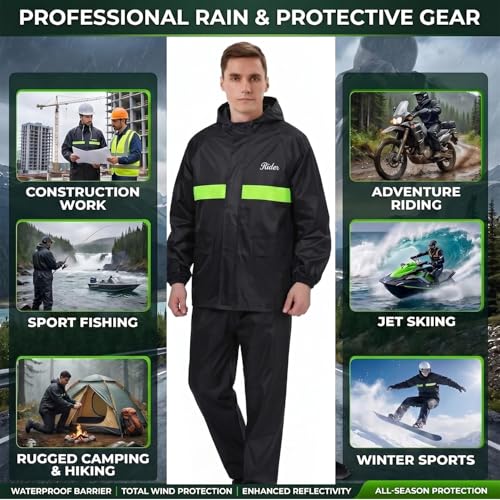 Image of HACER 100% Waterproof Raincoat for Men & Women | Unisex Full Sleeves Rain Suit Set with Pant for Bike Riding, Travel, Camping, Trekking & Hiking Rainwear (XL, Black)
