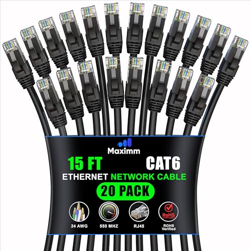 Maximm Cat 6 Ethernet Cable 15 ft (20-Pack) - High-Speed LAN Cable, Internet Cable, Patch Cable, and Network Cable - UTP, 10Gbps, 550MHz Ethernet Cord - Black