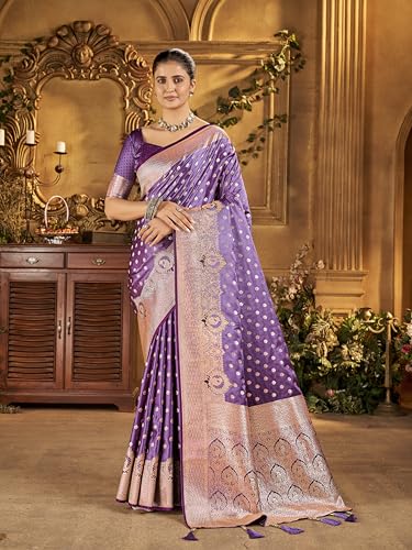 Image of Mehrang Women's Banarasi Silk Kanjivaram Saree For Wedding With Pure Zari Work, Woven Design, With Unstitched Blouse Piece