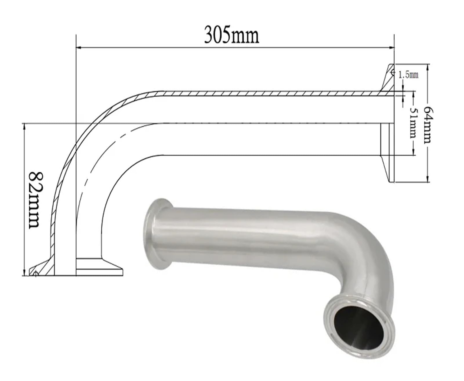 6" 8" 10" 12" 18" Length x 25 32 38 51mm 1.5" 2" Tri Clamp Spool Tube Elbow SUS304 316L Stainless Pipe Fitting(51K64-305,304)