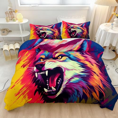 Street Graffiti Multicolore Housse De Couette 90 x 190 cm, Animaux Loups Imprimé Parure De Lit 1 Personnes, Sets De Housse Couette en Microfibre avec Taies...