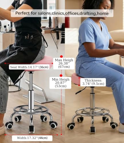 Image of Adjustable Rolling Stool with Wheels 500lb,Thick 9.5cm Cushion,30-Second Assembly,Heavy Duty Round Rolling Stool with Footrest,Patent Leather for Drafting Stool Chair Work Spa Salon Seat（Pink）