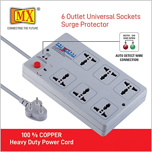 Image of MX 10 m Spike Protector Extension Board - 6‑Outlet Universal Power Strip with Master Switch, Spike & Surge Protection, 6-in-1 International Socket for Home & Office