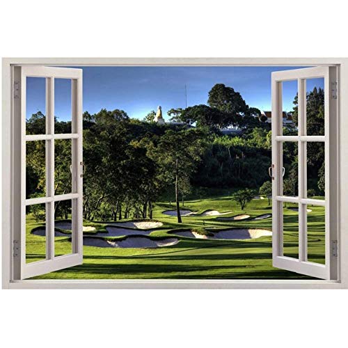 Pbldb 3D Effect Window View Wall Stickers Golf Course Resort Frame Vinyl Decal Decor Mural Kitchen Bathroom Motorbike Wall Art -120X100Cm