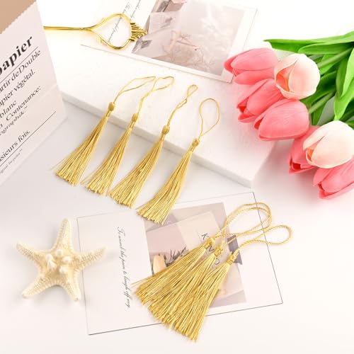 Image of NACHLYNN 120 Pcs Bookmark Tassels Bulk 13cm /5 Inch Light Gold Silky Handmade Soft Craft Mini Tassels for Jewelry Keychain Making with Loops for Dress Decoration DIY Craft Accessory