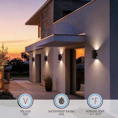 Image of LEONLITE 2-Pack 12 inch Outdoor Rectangular Wall Light, Up and Down, E26 Base | Modern Porch Patio Lights, Waterproof Wall Sconce, Exterior Light Fixture Wall Mount, Aluminum, Matte Black, ETL Listed