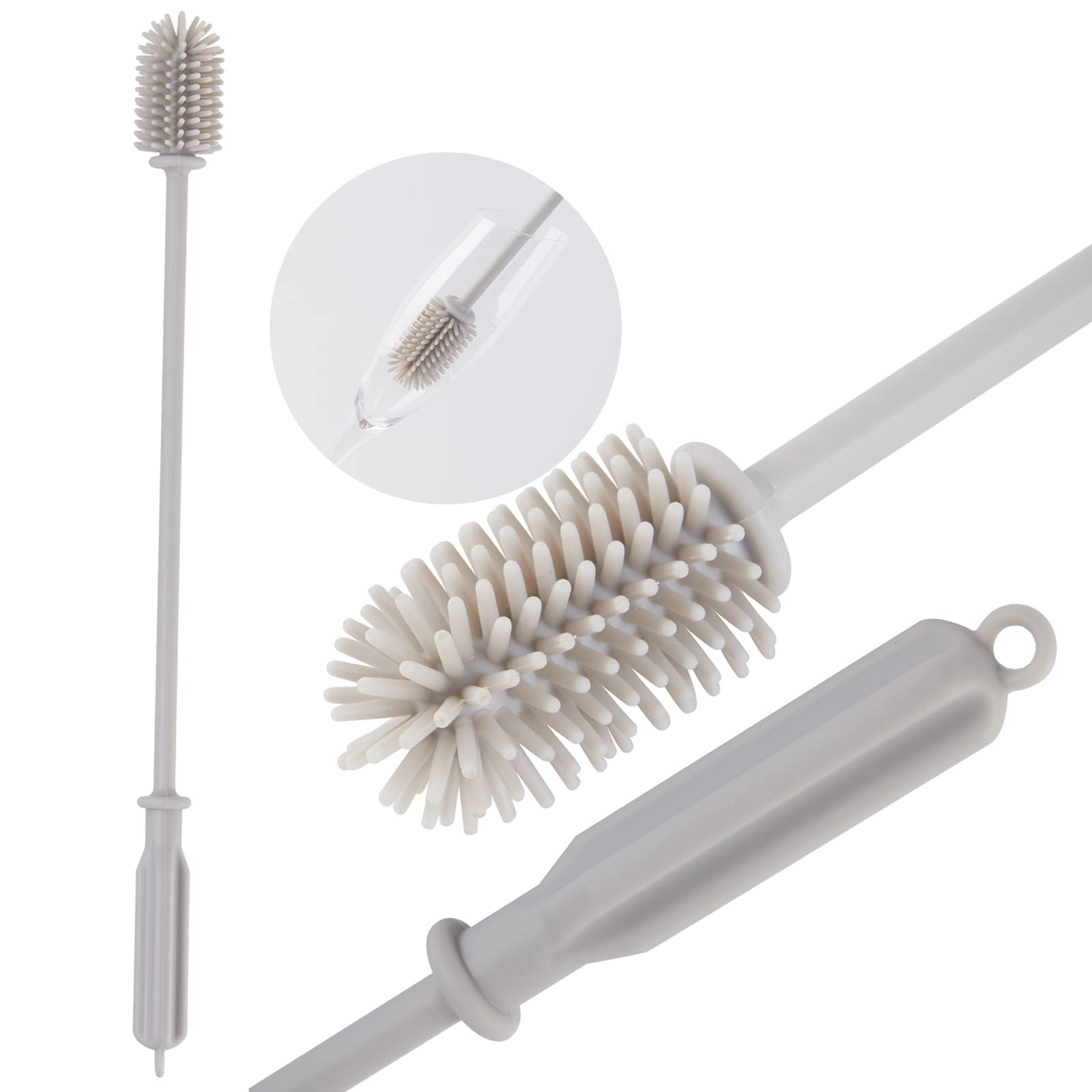 Obsoorth Silicone Bottle Brush Extra Long Handle Food Grade 360 Rotating Glassware Cleaner for Washing Baby Nipple, Narrow Neck Containers (15", Gray)