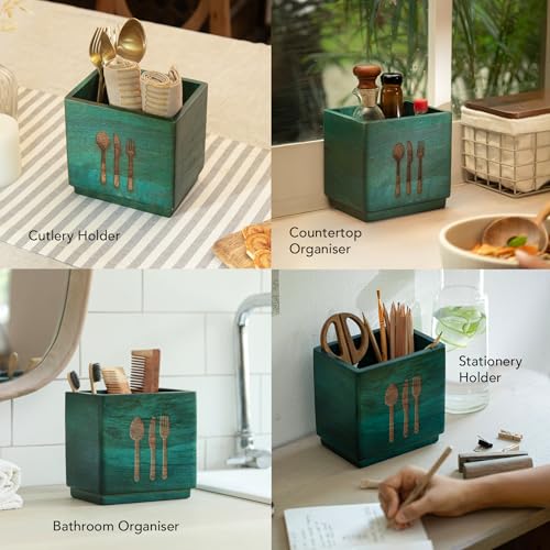 Image of Ellementry Blue Wooden Cutlery Holder & Organizer Stand for Spoons, Forks & Knives, Modern Counter Top Tableware Storage Box for Kitchen & Dining Table, Utensil Organizer for Home & Office