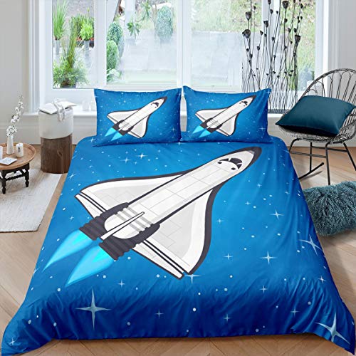 3D Spacecraft Duvet Cover Set for Kids Boys Teens Outer Space Theme Comforter Cover Galaxy Starry Sky Bedding Set Astronomical Quilt Cover Bedroom Decor 2Pcs Single Size Blue