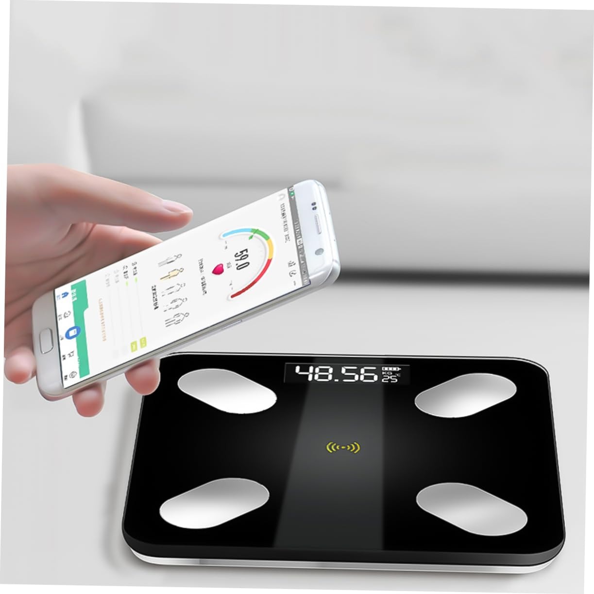 Bilancia Impedenziometrica Smart Nera in Abs e Vetro Temperato | LED Digitale, Sincronizzazione Automatica Smartphone, Trasmissione Wireless