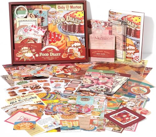 Image of VIBE VISTA Vintage Aesthetic Scrapbook Kit, 346 Pcs, A6 Grid Notebook, Washi, Envelopes, Scrapbook Papers, Folding Labels, Background Papers, Photo Frames, Calendar Stickers, Stickers (Food Diary)