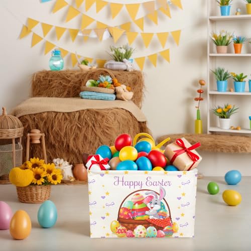 Image of Easter Basket for Kid Large Empty Baby Rectangular Cute Easter Gift Storage Basket Bunny Eggs Decor (Rabbit Purple Bow Tie)