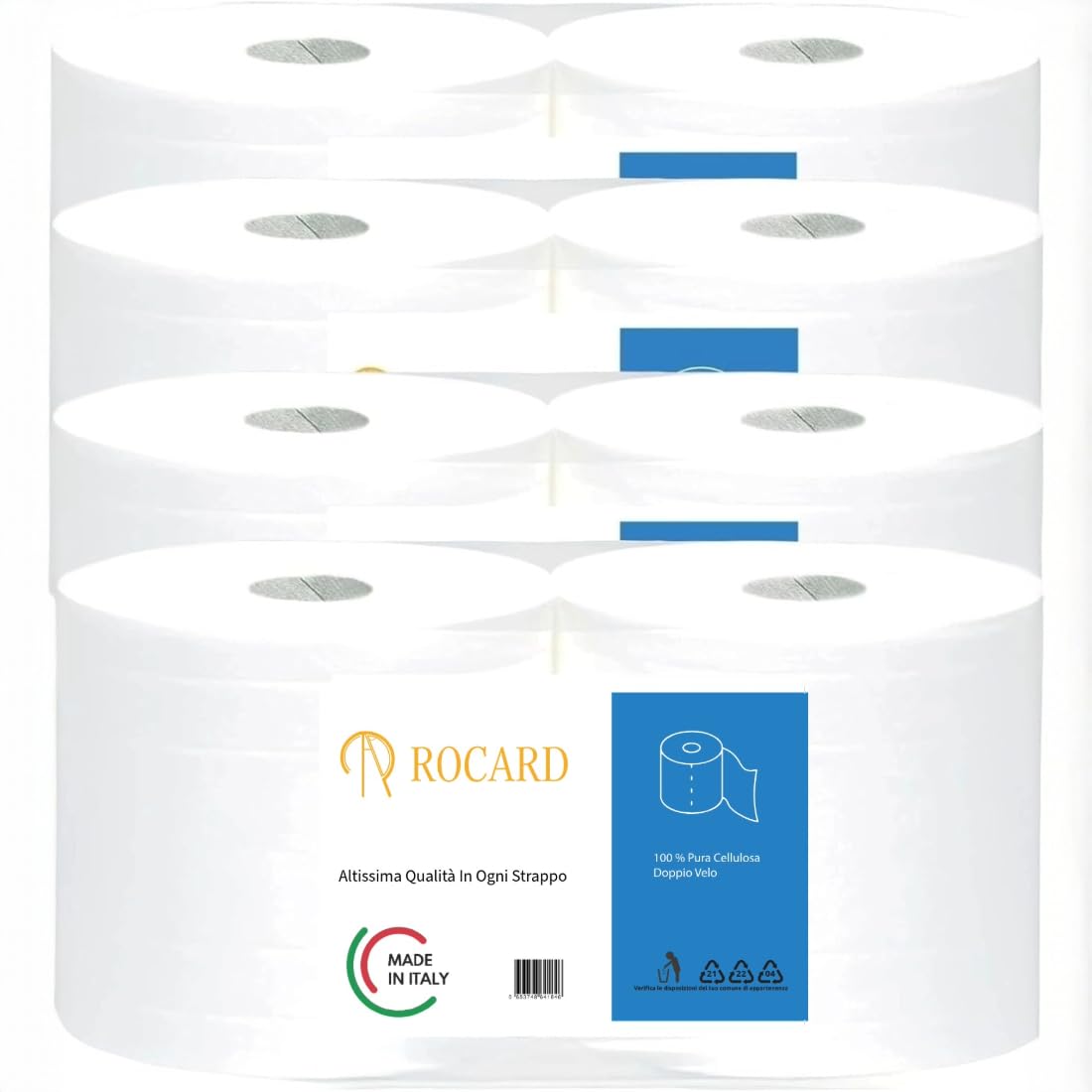 Rocard® – Maxi Carta – 8 Rotoloni Asciugatutto, Super Assorbenti, 2 Veli Pura Cellulosa con Microgoffratura, Fino a 6400 Strappi – Ideale per Uso Alimentare, Domestico e Professionale