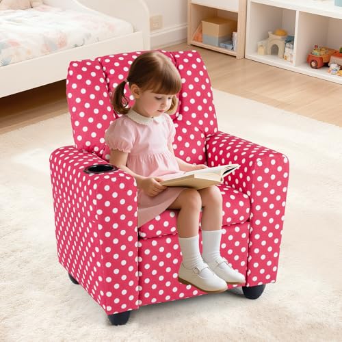 Image of Kids Recliner, Toddler Lounge Chair w /Cup Holder, Wide Armrest, Kids Sofa w /Adjustable Footrest, Comfy Toddler Recliner Chair for for Boys & Girls 3 + (Fabric, Red Polka Dots)