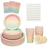 XYZOOR 100 STK Partygeschirr Regenbogen Set Pappteller Kindergeburtstag Papier Einweg Pappbecher Strohhalme Servietten Für Geburtstag Party Hochzeit JGA 20 Gäste